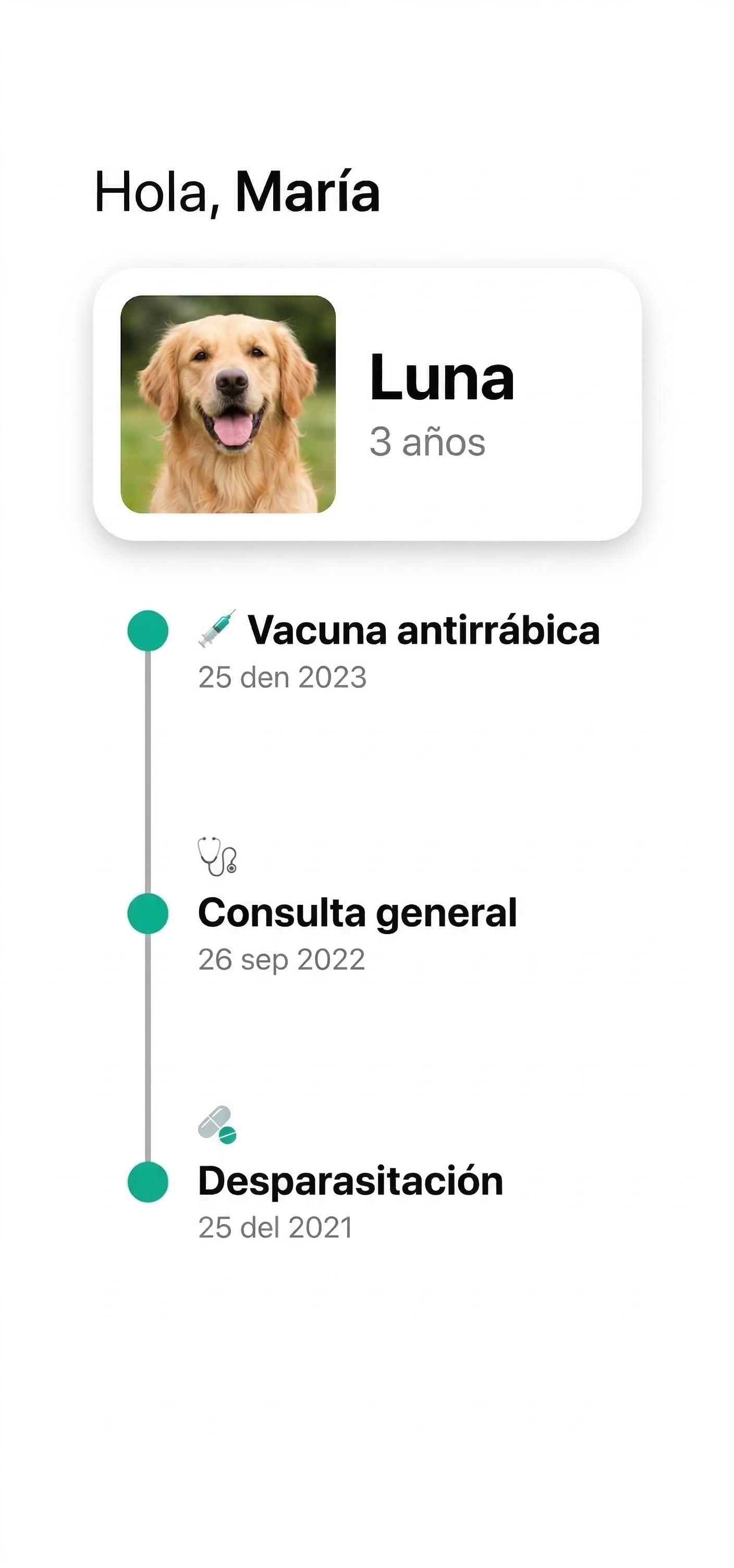 Pantalla de la app Omzig mostrando el perfil de Luna con línea de tiempo médica