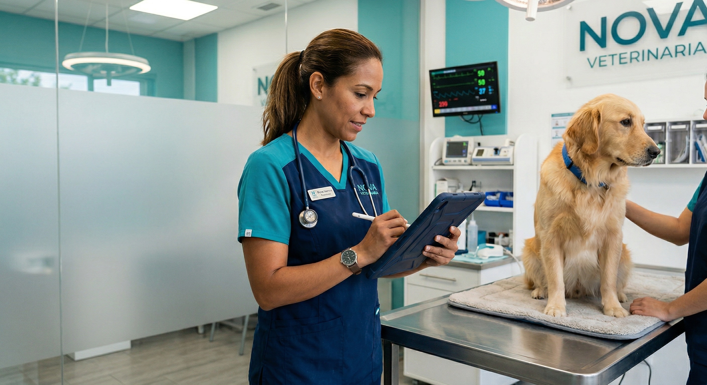 Veterinario profesional en clínica moderna usando Omzig