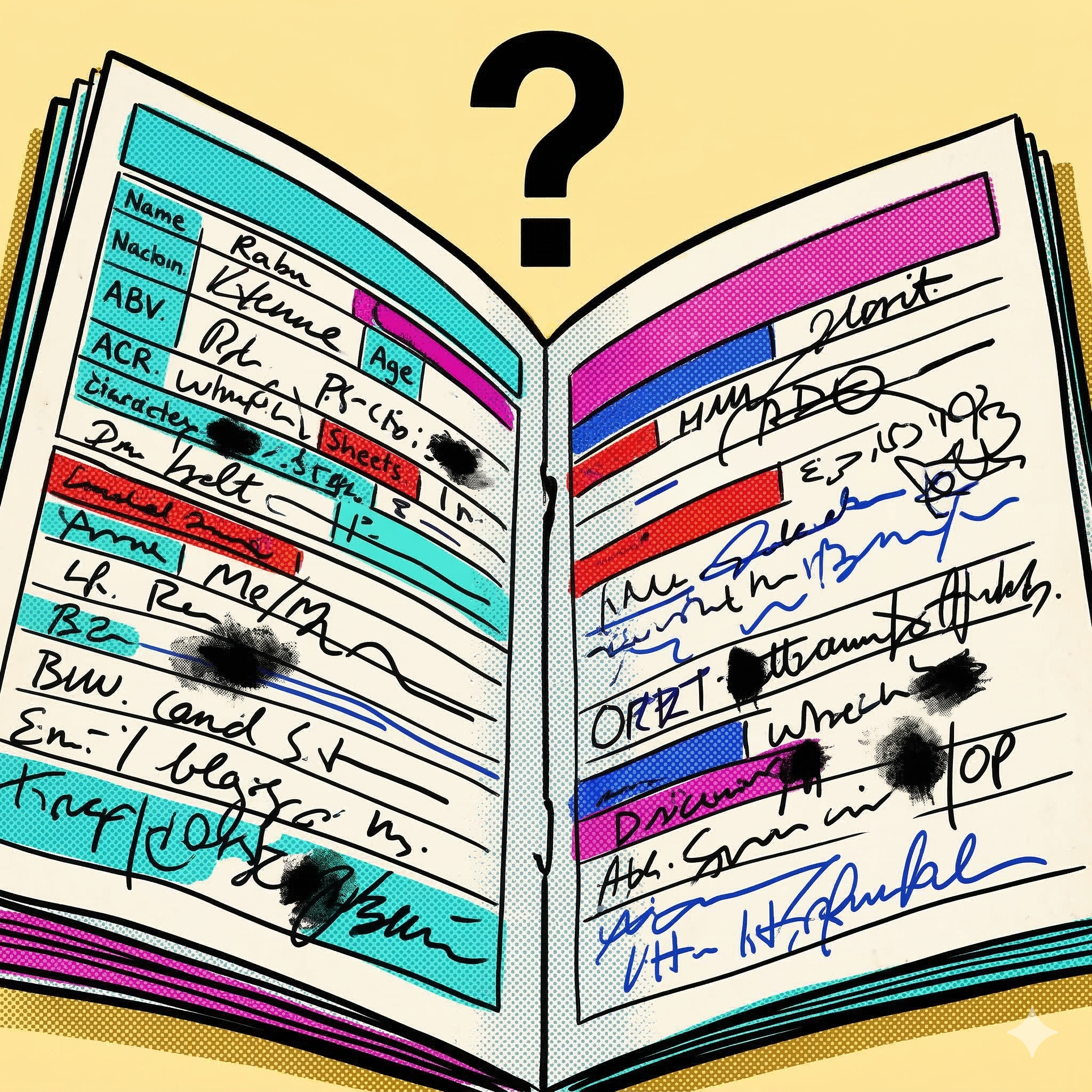 Carnet abierto con letra de doctor ilegible y manchas de tinta